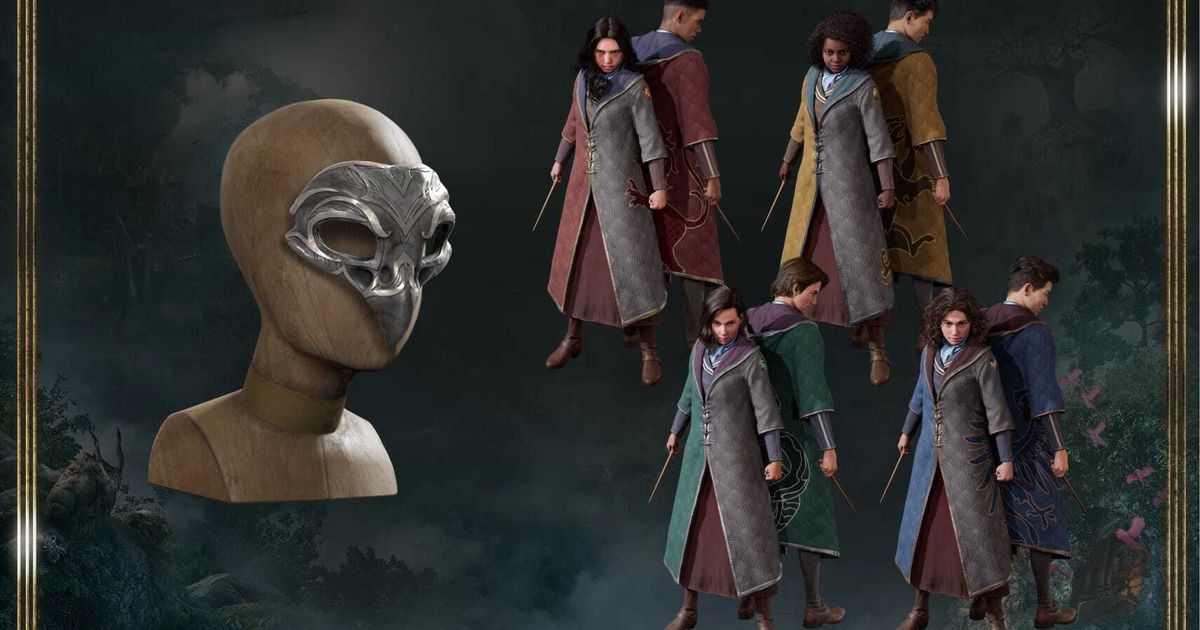 A masquerade style mask, and some robe options for Hogwarts Legacy