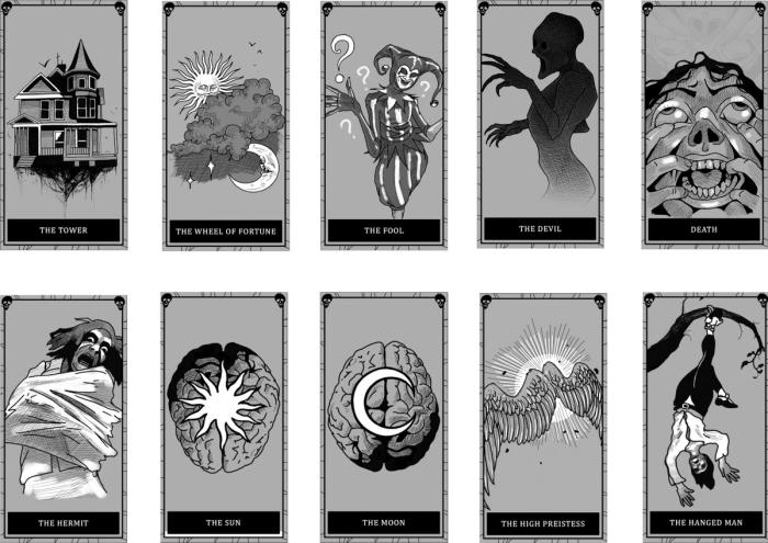 A full list of current Tarot Cards in Phasmophobia.
The Tower - A haunted house
The Wheel of Fortune - A sun and moon playing across a cloud
The Fool - A Jester
The Devil - A scary creature
Death - The player character dying
The Hermit - A ghost being restricted
The Sun - The sun on a brain
The Moon - The moon on a brain 
The High Priestess - A pair of angel wings
The Hanged Man - A man upside down in a tree