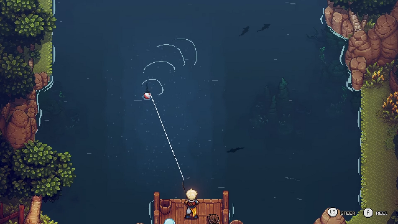 Sea of Stars gameplay, showing Zale on a pier fishing. 