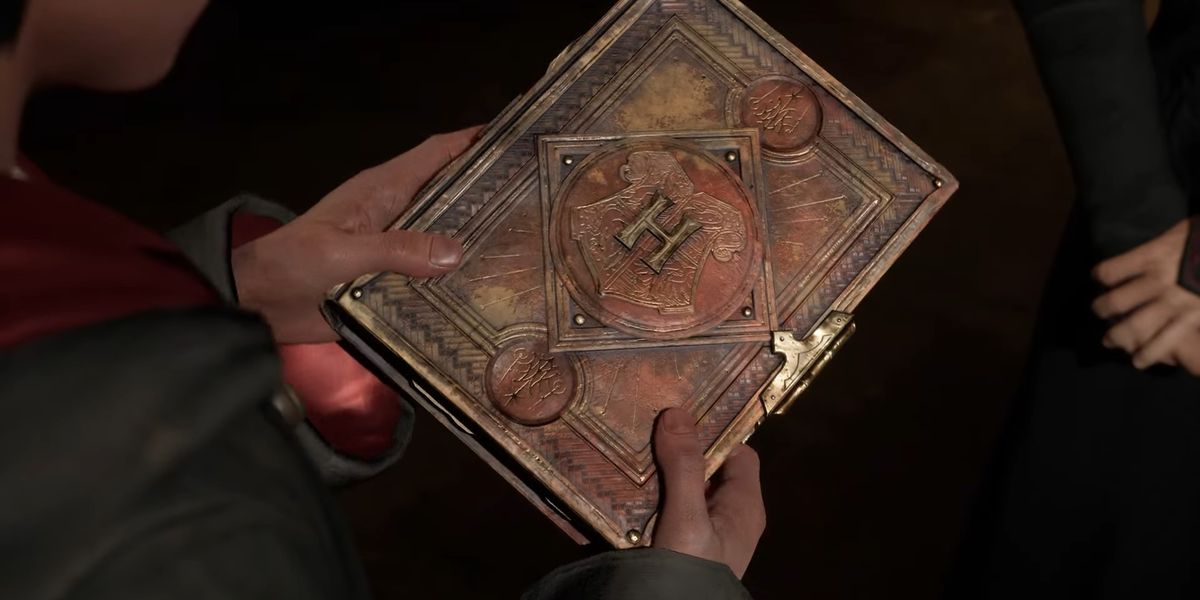 An old book in the player's hands in Hogwarts Legacy.