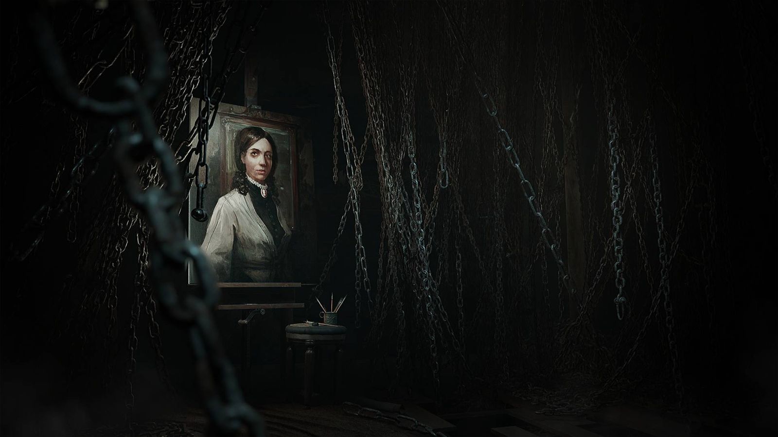 A painting hung on a wall covered by chains in Layers of Fear.