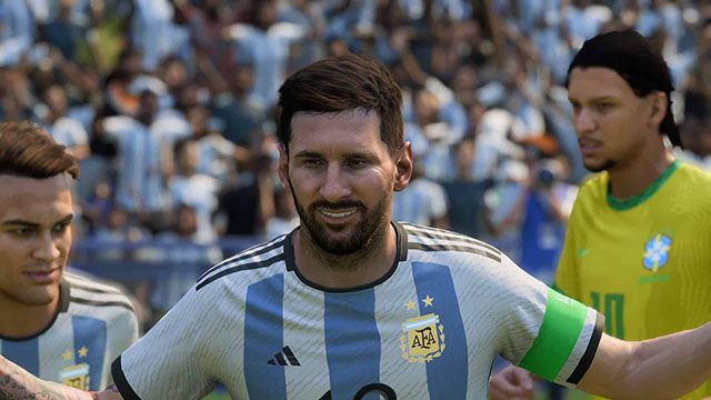 Screenshot of EA Sports FC Lionel Messi wearing an Argentina shirt with a Brazil player in the background