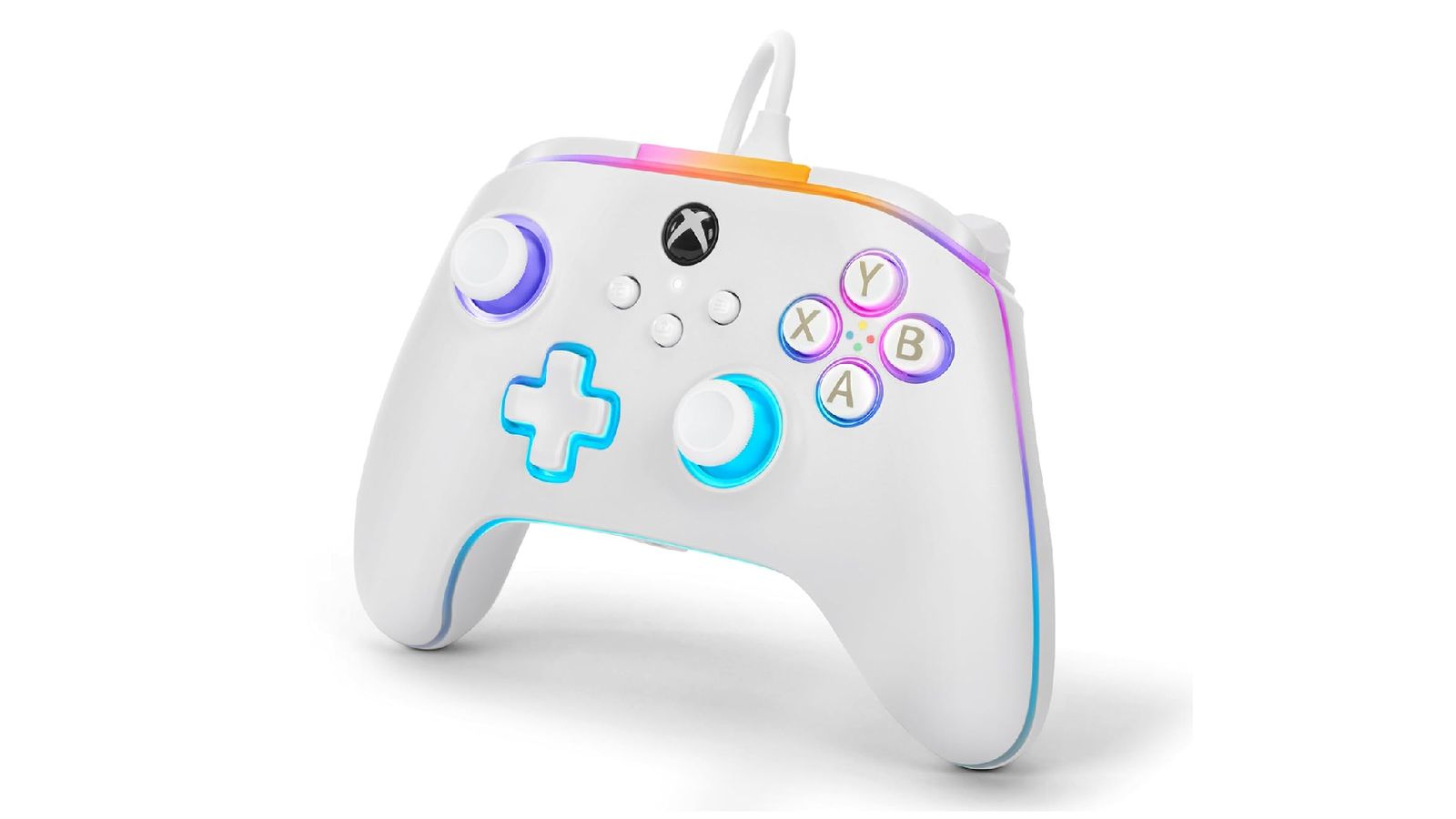 PowerA Advantage Lumectra product image of a white wired controller featuring multicoloured lighting around all of the buttons.