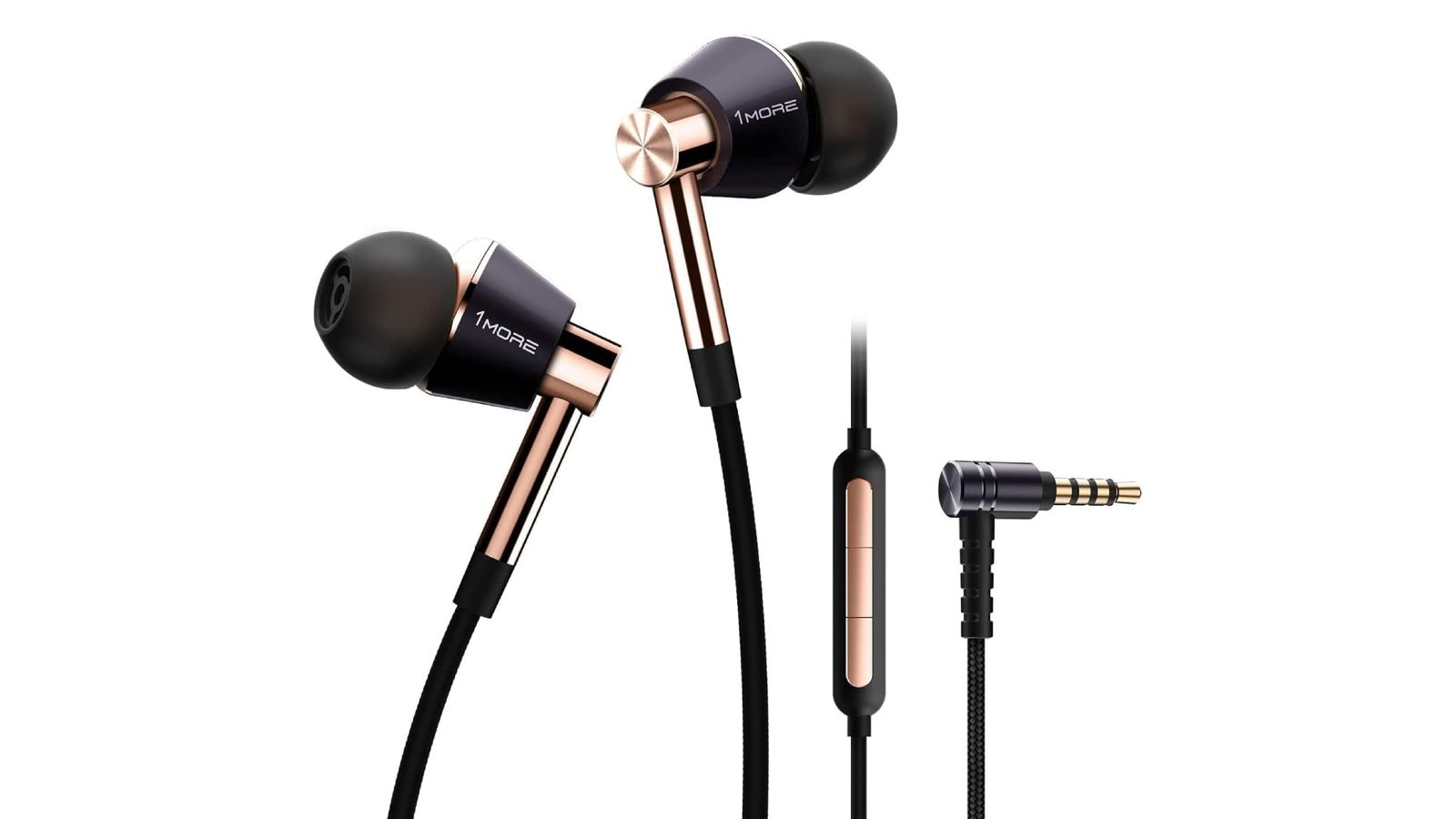 Best wired earbuds - 1more Triple Driver product image of a set of black and gold wired earbuds with onboard controls.