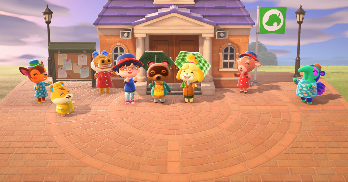 A group of Villagers, Tom Nook and Isabelle stand outside of the Town Hall in Animal Crossing: New Horizons. The caption reads 'All Starter Villagers'.