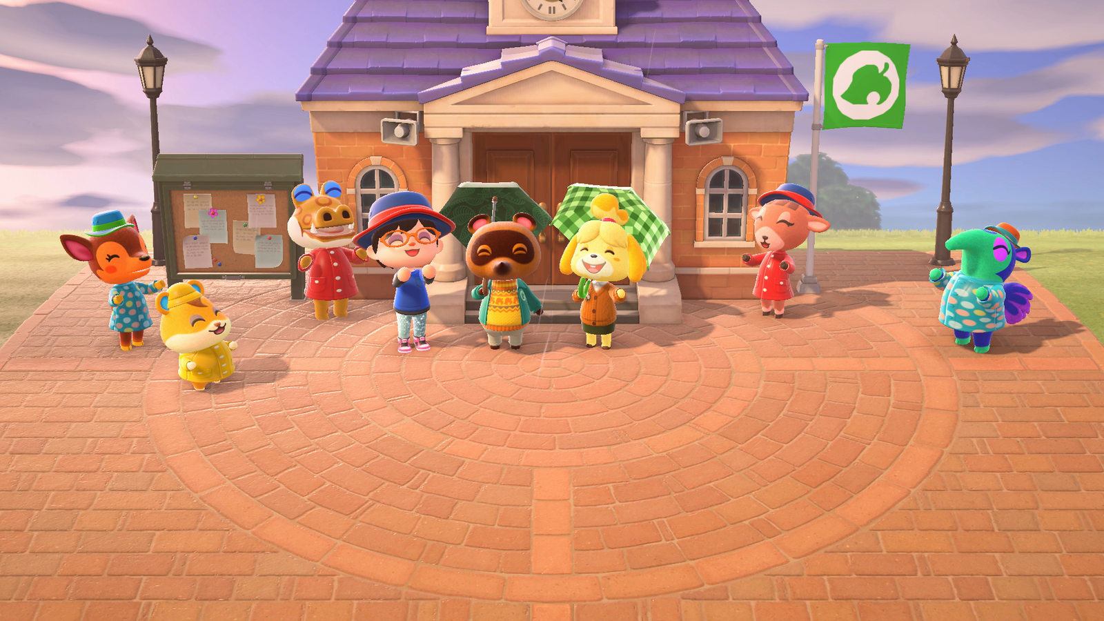 A player with Tom Nook, Isabelle, and their villagers celebrating outside the Town Hall in Animal Crossing: New Horizons.