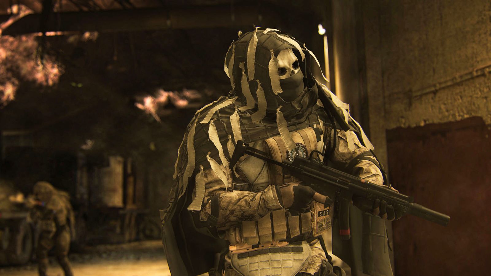Warzone player holding suppressed SMG and wearing ghillie suit