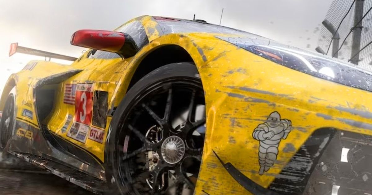 A yellow car from Forza Motorsport damaged across a track wall 