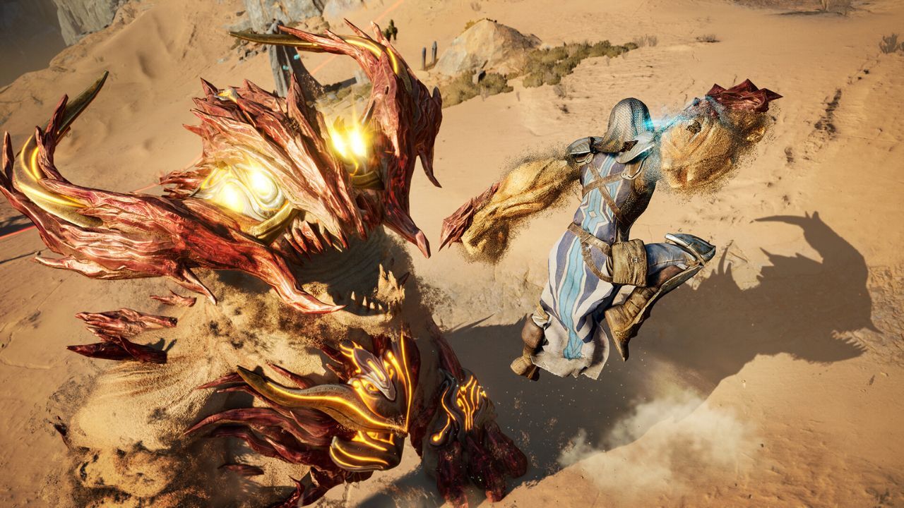 The character is fighting with a monster in Atlas Fallen.
