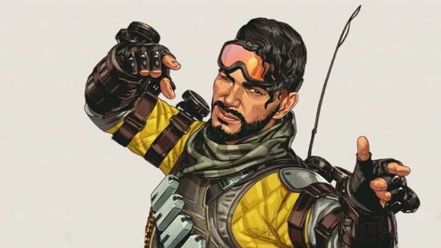 Screenshot of Apex Legends Mirage pointing and winking while wearing goggles