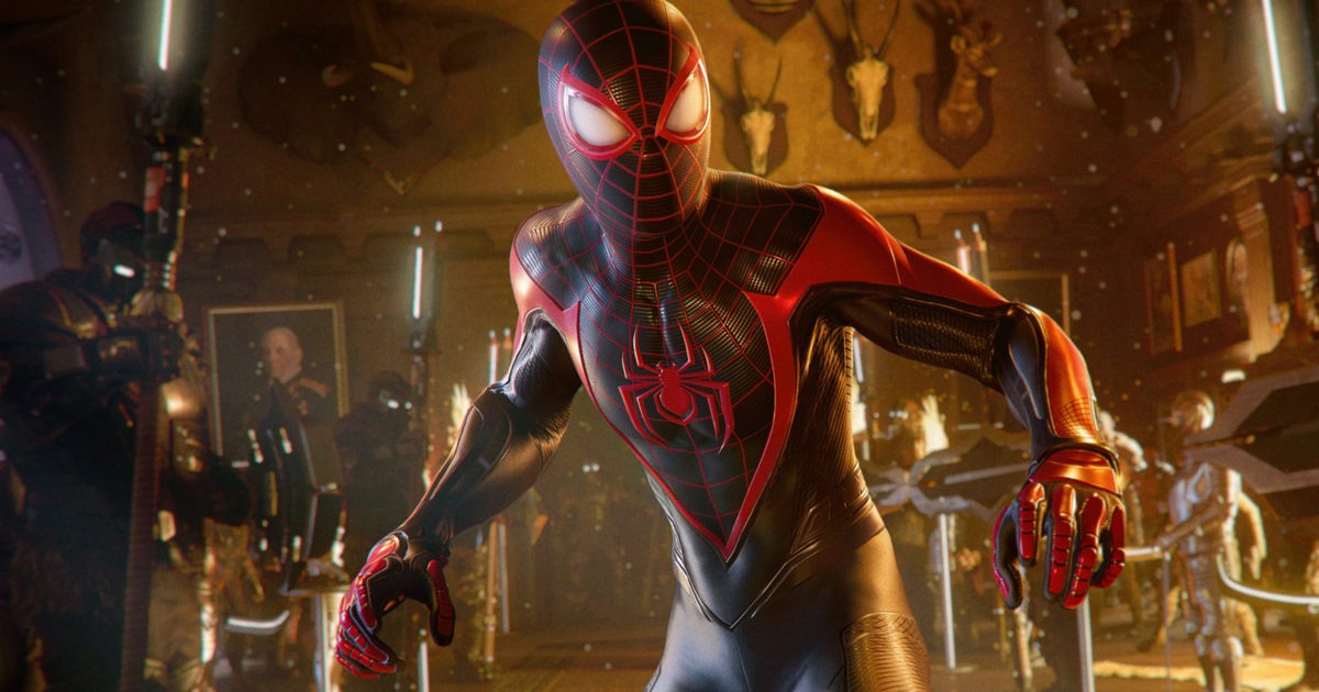 Spider-Man in a black suit, surrounded by hunting trophies and paintings