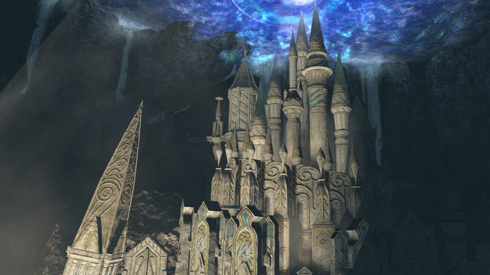 An image of the Antitower, a level 60 dungeon useful for the Shadowbringers' Relic Weapon grind. The Antitower is a beautiful, elegant structure in a mystical landscape.