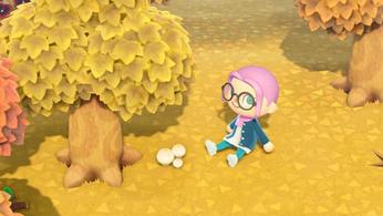 Animal Crossing New Horizons. Player sitting on the ground by mushroom next to a tree.