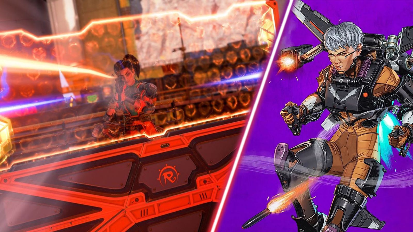 Screenshot of Apex Legends player hiding behind shield and Valkyrie flying in front of purple background