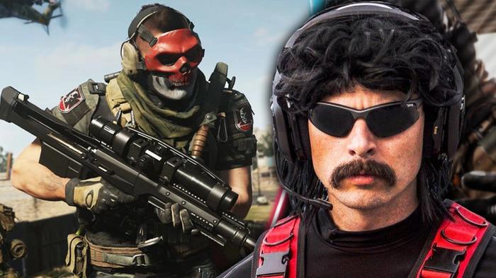 Warzone 2 player holding sniper rifle and Dr Disrespect wearing headset
