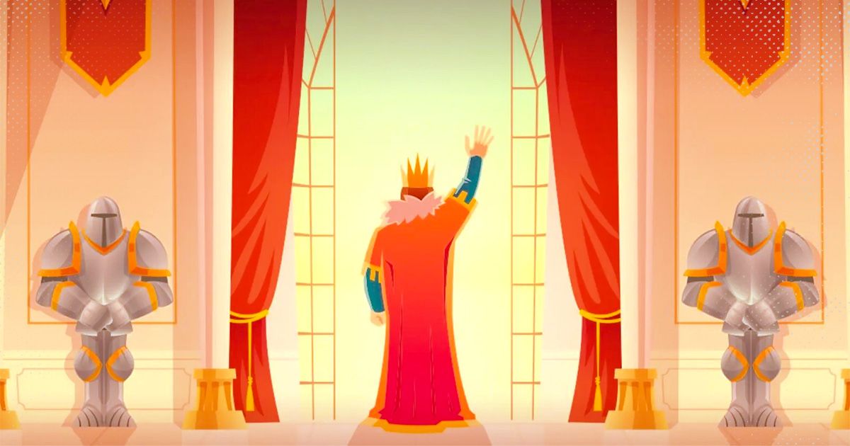 Screenshot from BitLife, showing the king waving down to his citizens with a knight on either side.