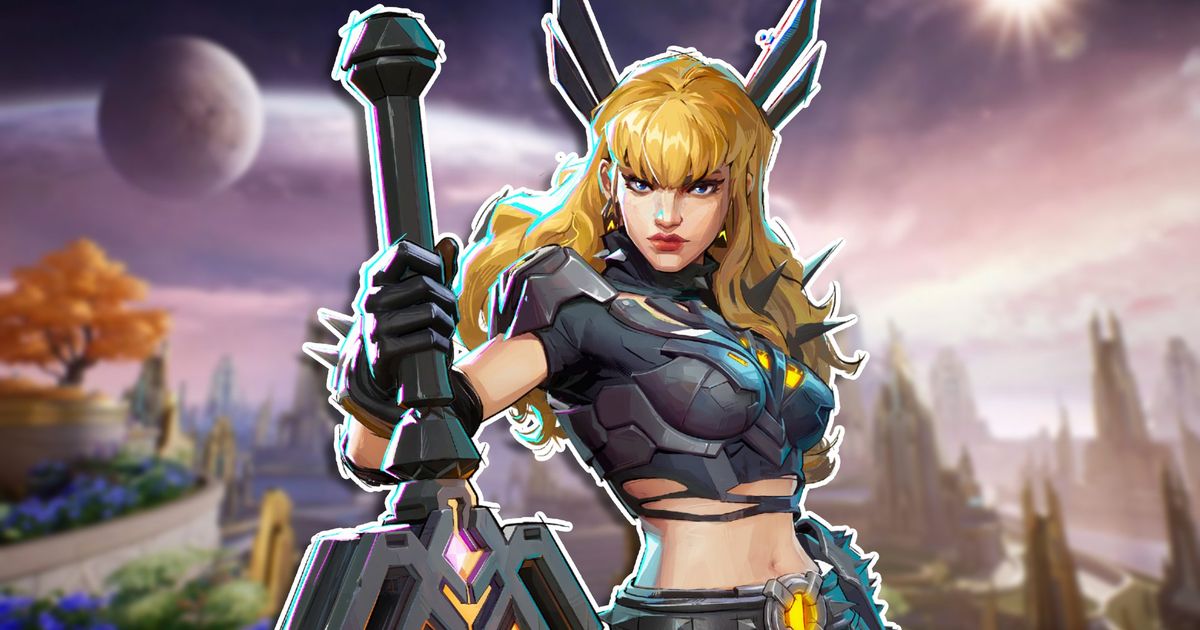 Magik from Marvel Rivals posing with her greatsword in her right hand, pointing downwards, placed on a blurred background of the Asgard map.