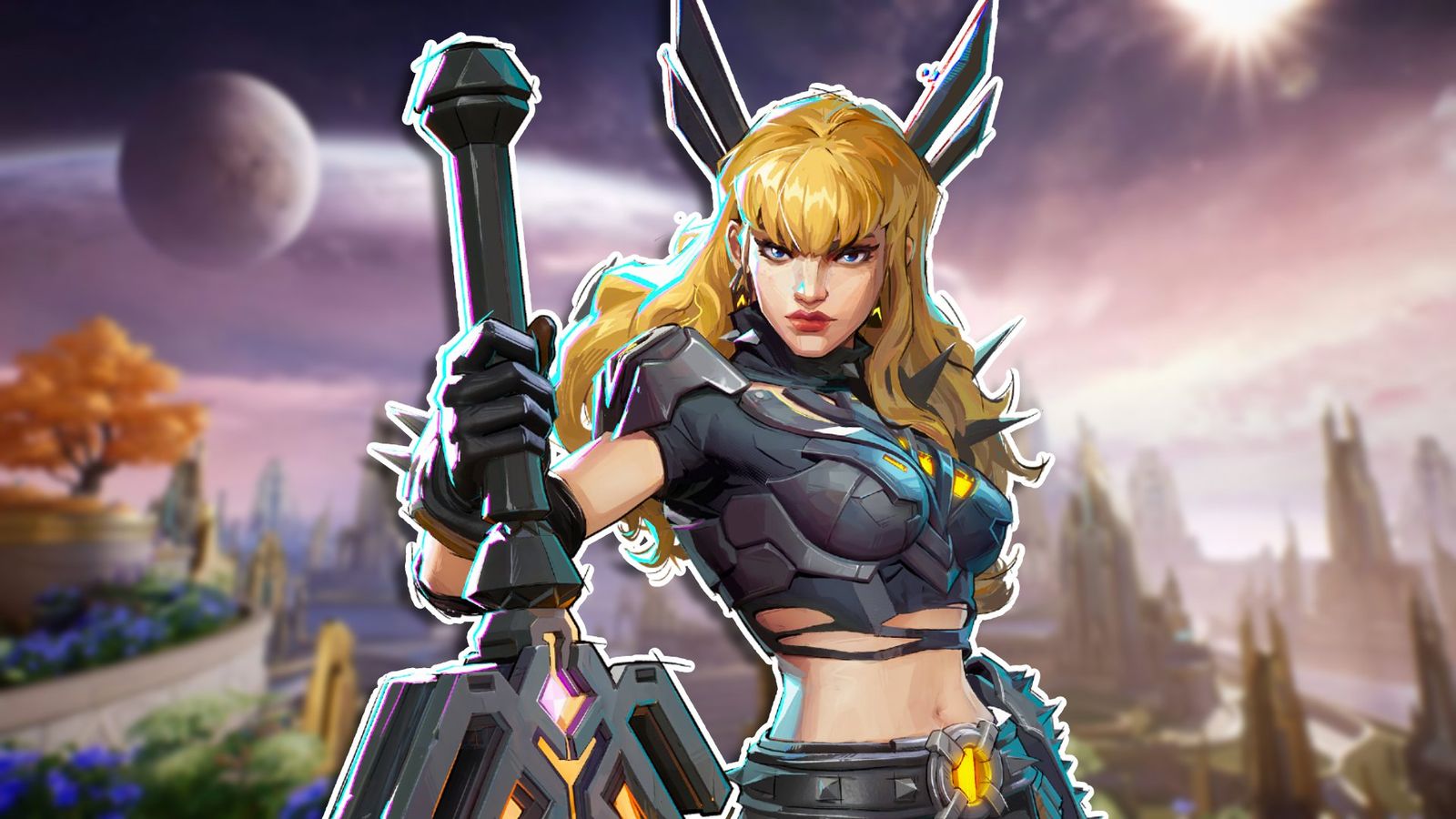 Magik from Marvel Rivals posing with her greatsword in her right hand, pointing downwards, placed on a blurred background of the Asgard map.