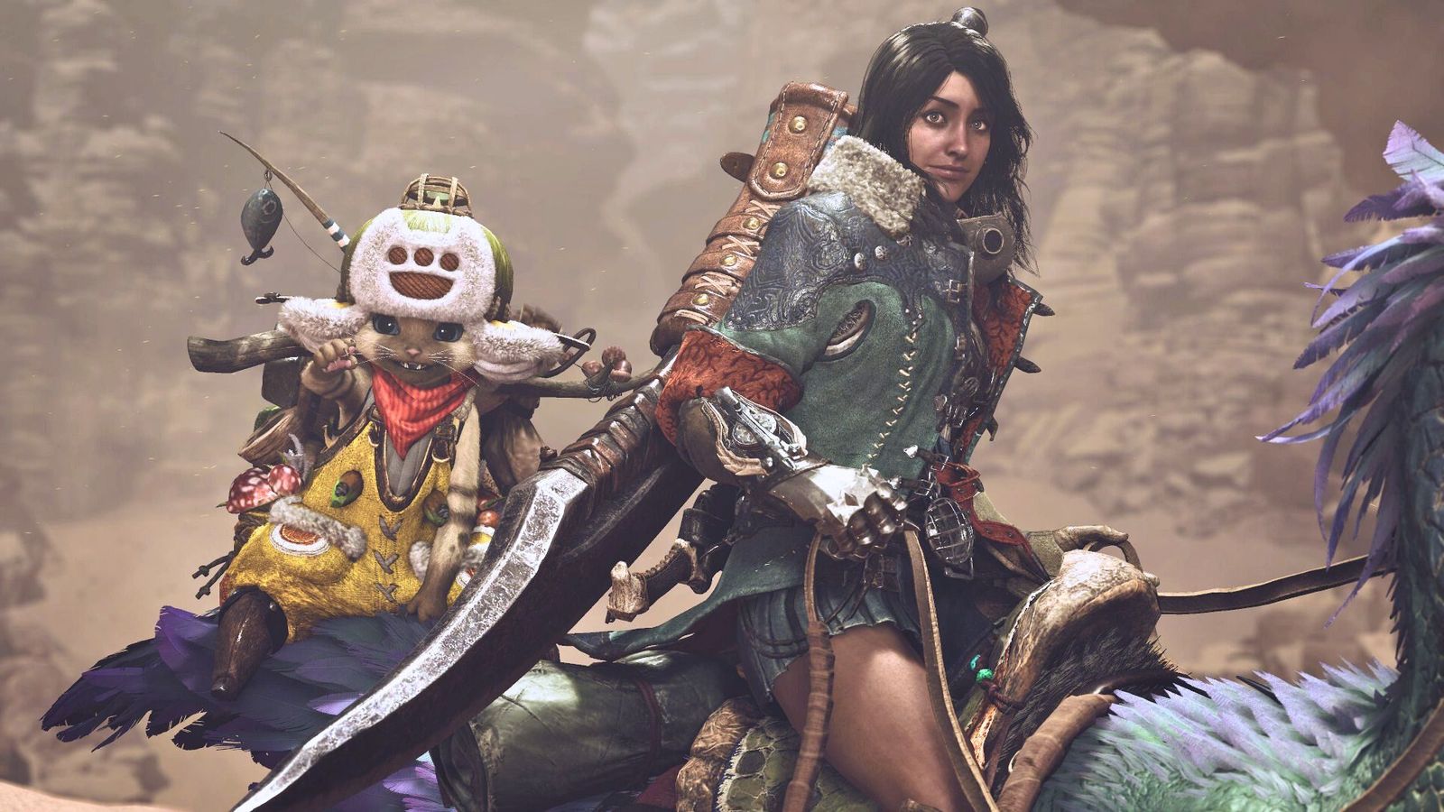 a woman is riding a feathered, winged creature alongside a palico, a cat-like creature, with a wooden leg. this is monster hunter wilds.