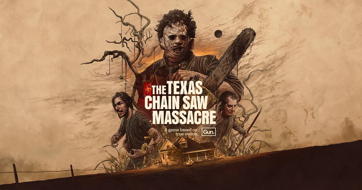 texas chain saw massacre key art showing Leatherface, Johnny, and Cook above a house.