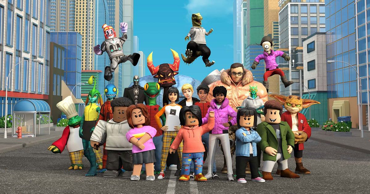 A collection of Roblox characters in a street between high-rise buildings.