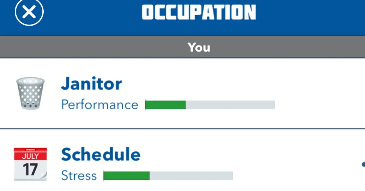 Screenshot from BitLife, showing the occupation menu, including the character's role and schedule