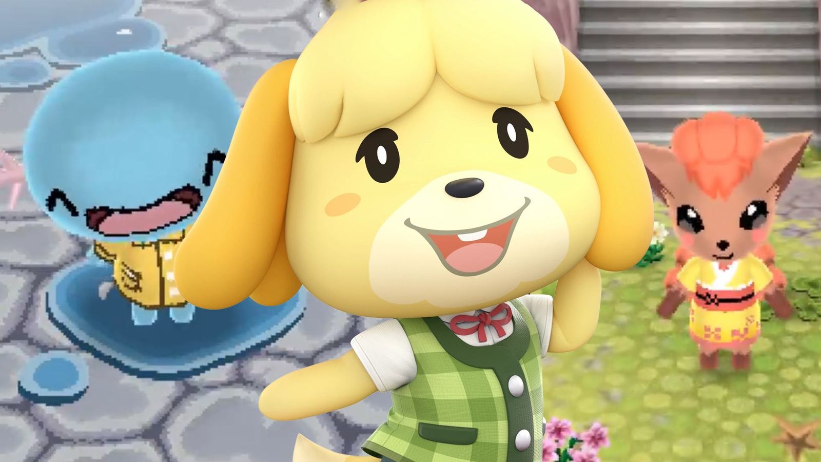 Isabelle from Animal Crossing standing between Wooper and Vulpix