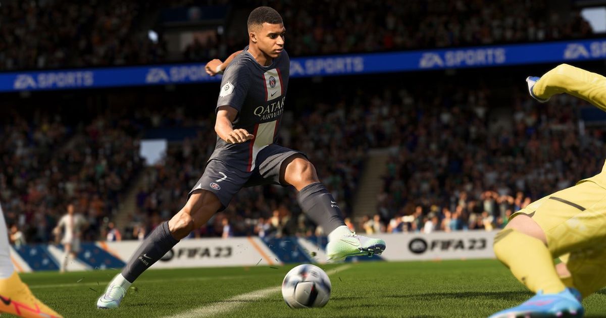 Kylian Mbappe dribbling the ball in FIFA 23.