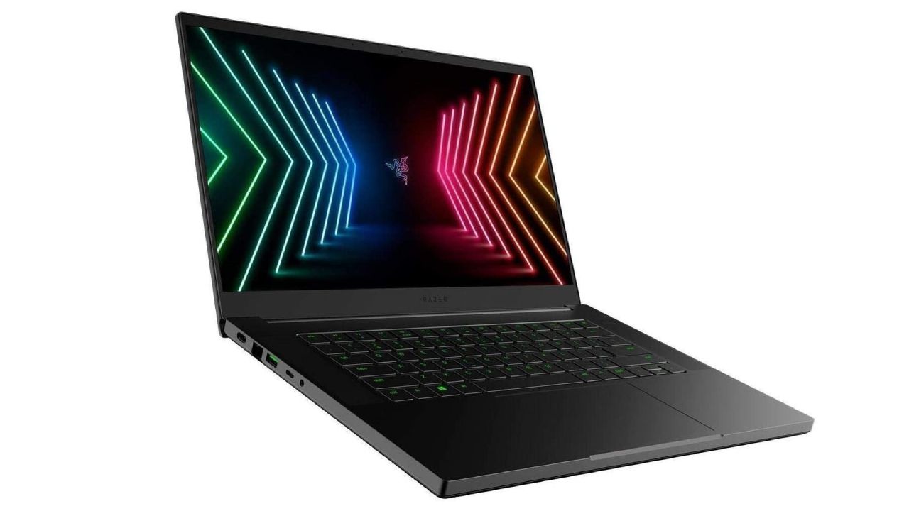 Razer Blade 15 product image of a black laptop featuring multicoloured lights on the display.