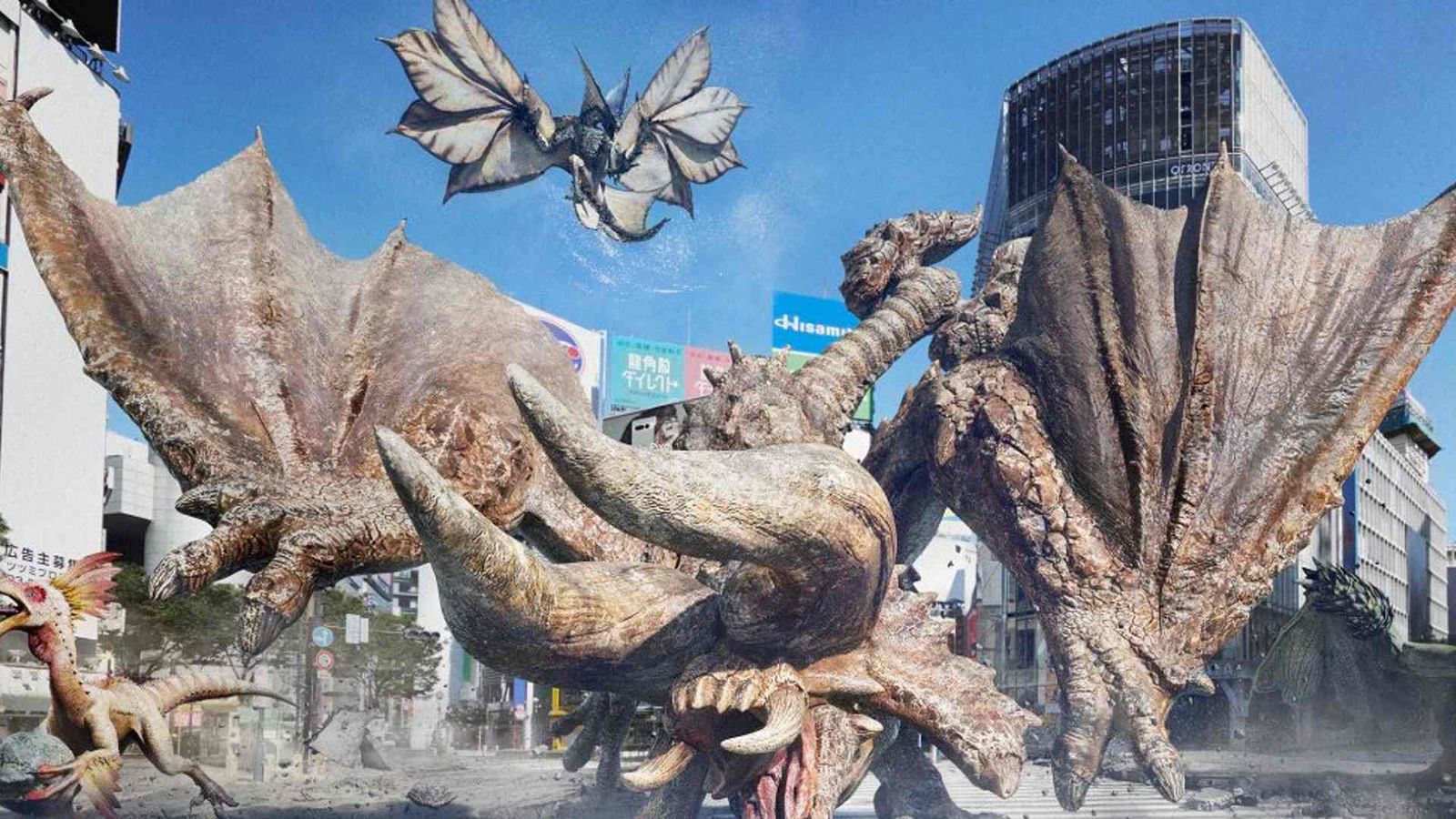 Monsters overtaking a city in Monster Hunter Now.