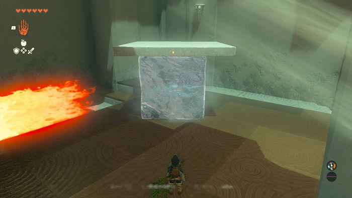 Link fusing together an ice block and stone slab in Zelda Tears of the Kingdom.