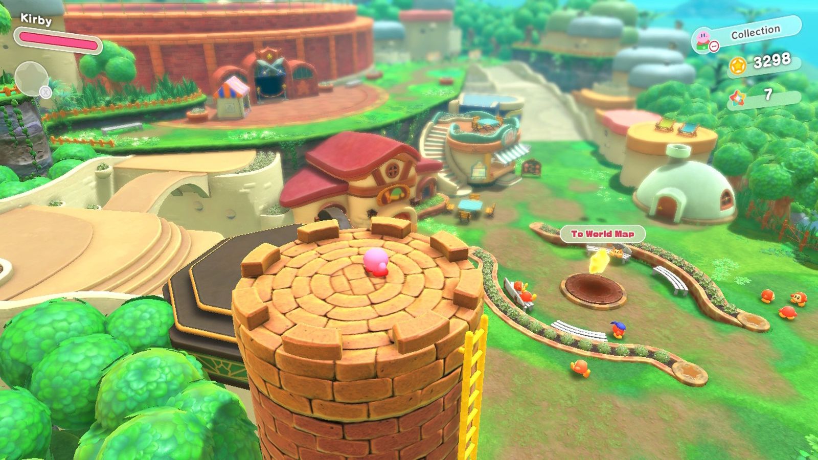 Image of Kirby looking at Waddle Dee Town in Kirby and the Forgotten Land.