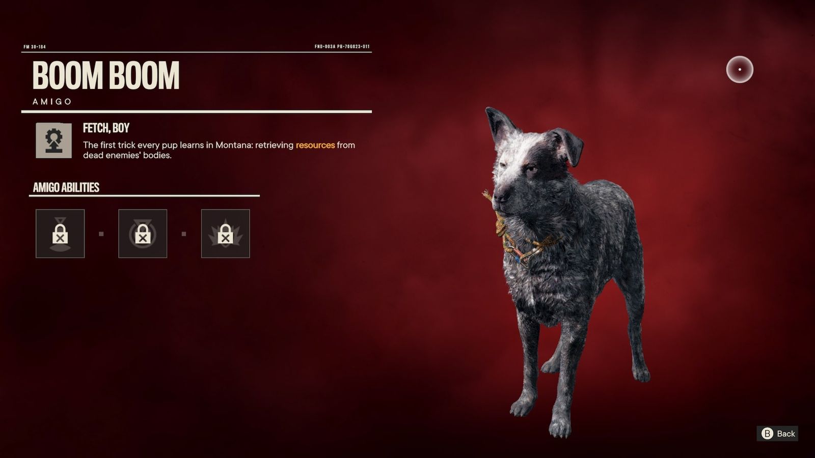 Far Cry 6 Stealth Amigo, the dog Boom Boom, a reference to Far Cry 5's Boomer.