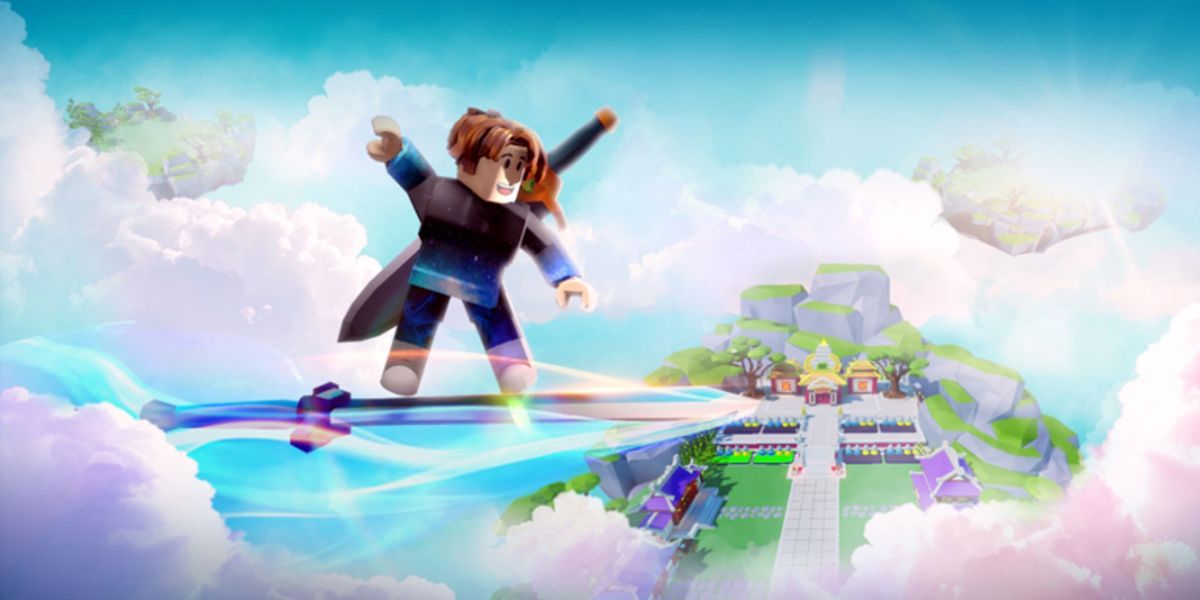 Screenshot from Weapon Fighting Simulator, showing a Roblox figure gliding through the sky