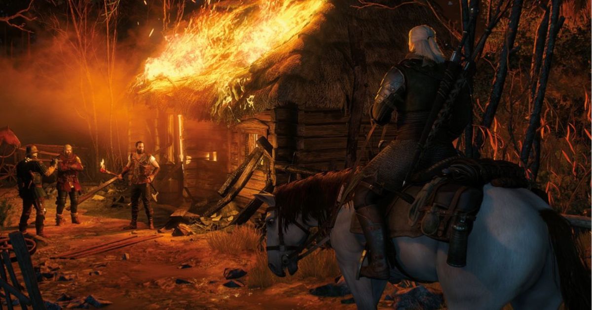 The Witcher is next to the burning building in The Witcher 3.