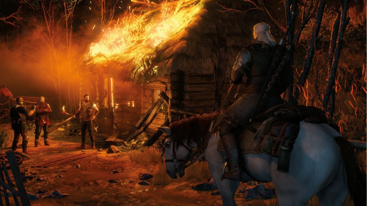 The Witcher is next to the burning building in The Witcher 3.