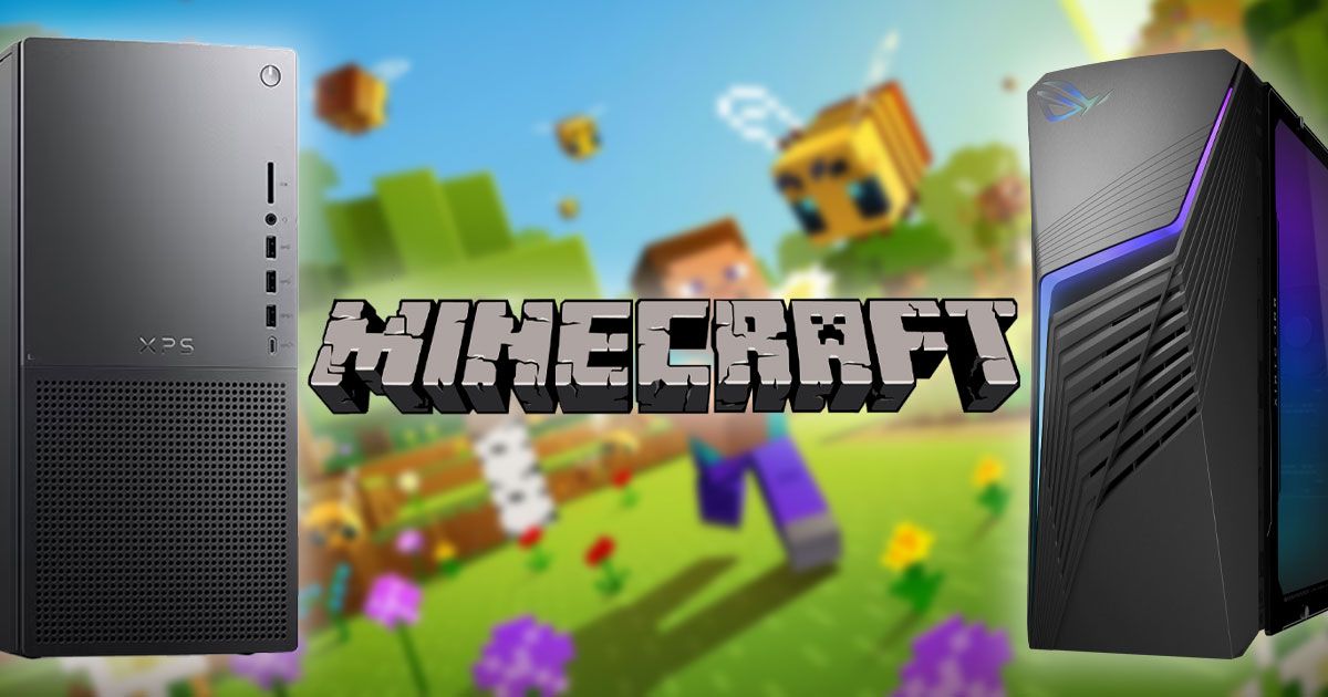 The Minecraft logo in front of a Minecraft character chasing a bee and PCs either side of it.