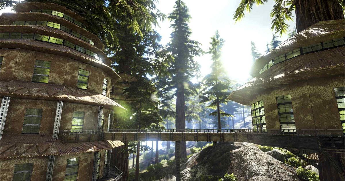 A treetop set of bunkers in ARK: Survival Evolved.