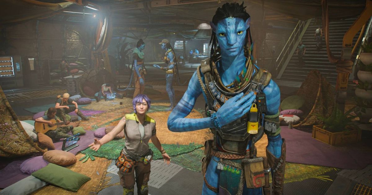 Na'vi and humans coexisting inside a cosy outpost in Avatar Frontiers of Pandora