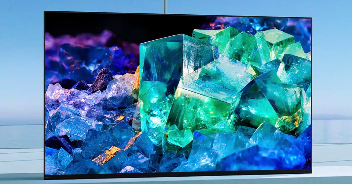 A Sony Bravia XR A95K display with blue and green crystals on the screen