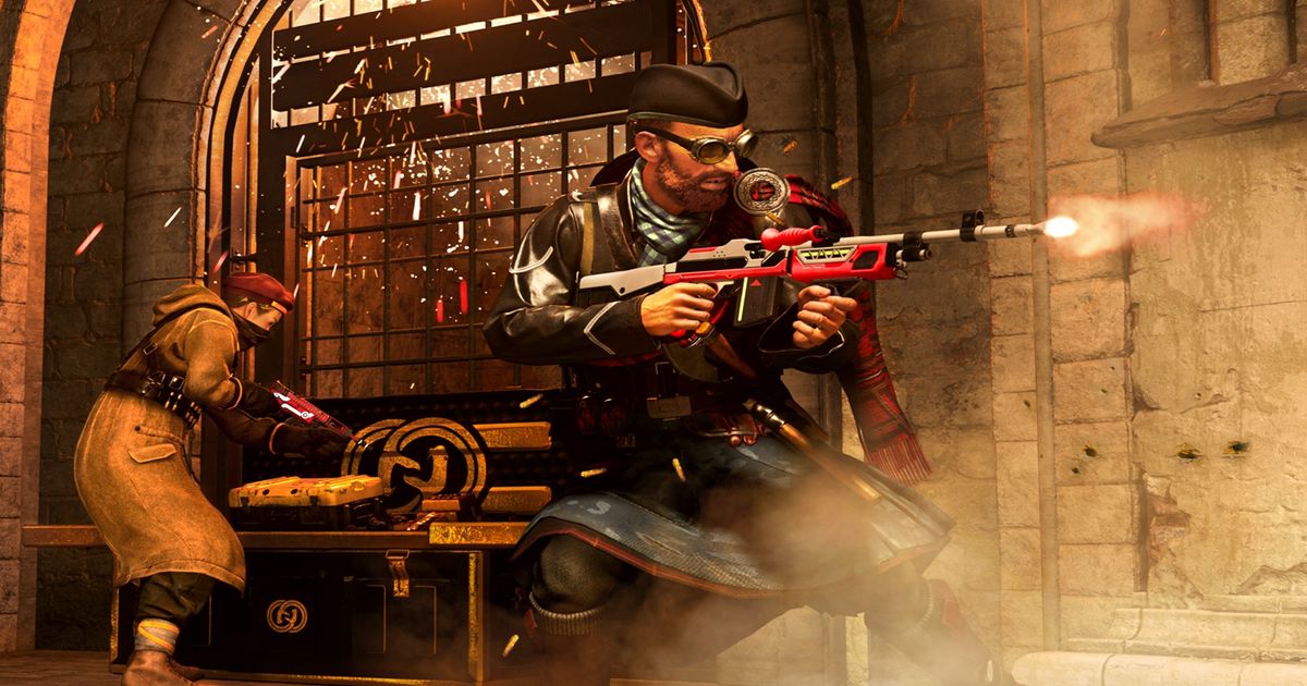 Image showing Warzone player shooting gun and standing in front of buy station