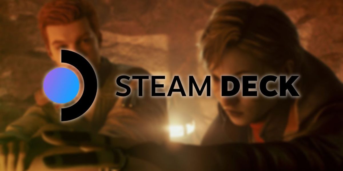 Steam Deck logo against gameplay from Star Wars Jedi Survivor.