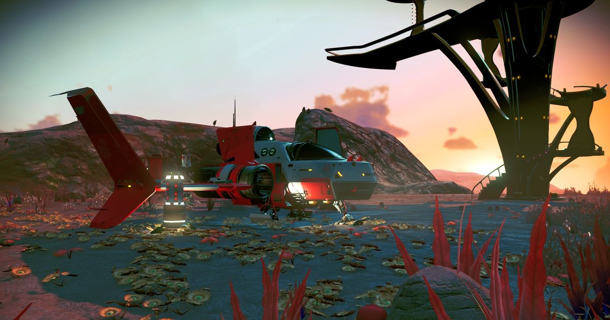 A player's Starship after having landed on a new planet in No Man's Sky.