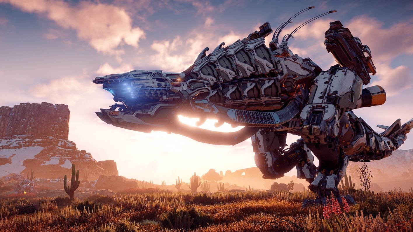 Horizon Zero Dawn. A Thunderjaw Machine in the Desert.