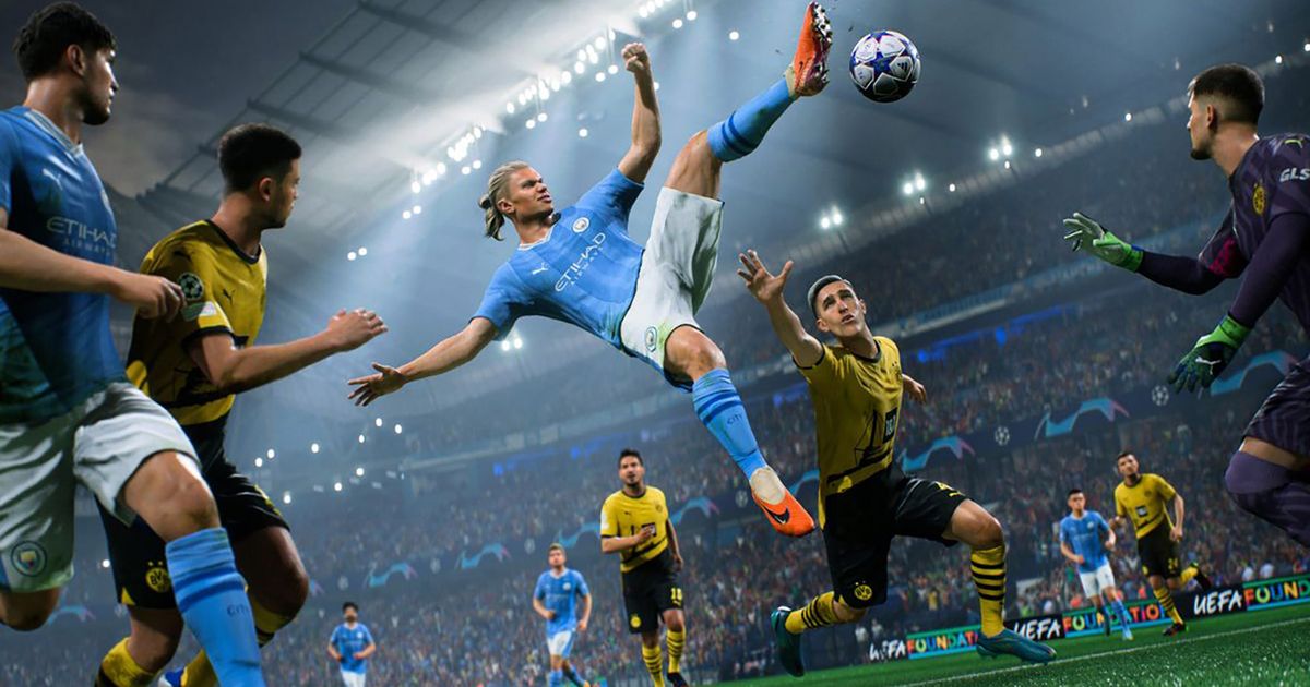 Screenshot of EA Sports FC 24 Erling Haaland in the air trying to reach a football