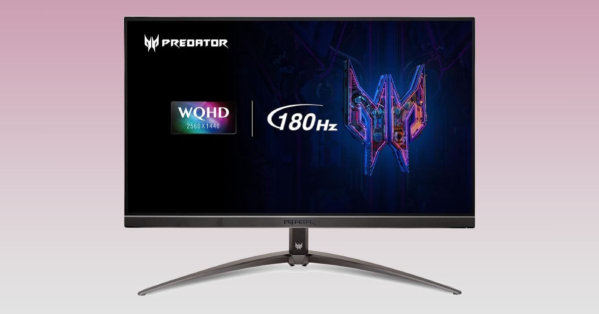 A dark grey and black near-frameless monitor featuring logos for the WQHD screen and 180Hz refresh rate next to a blue and purple Predator logo on the display.