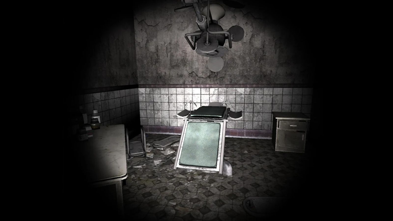 Screenshot from The Ghost, showing an abandoned asylum lit only by a flashlight