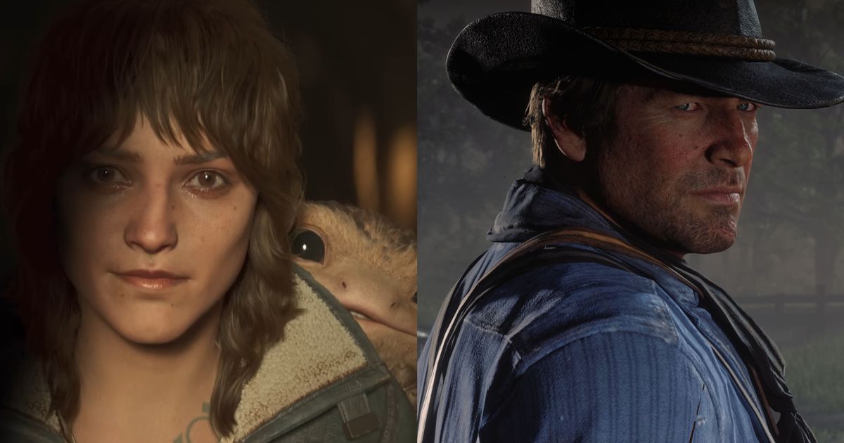 Kay Vess and Nix from Star Wars Outlaws on the left, and Arthur Morgan from Red Dead Redemption 2 on the right