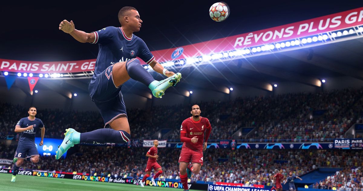 Screenshot of EA Sports FC 24 Kylian Mbappe leaping in the air to control football 