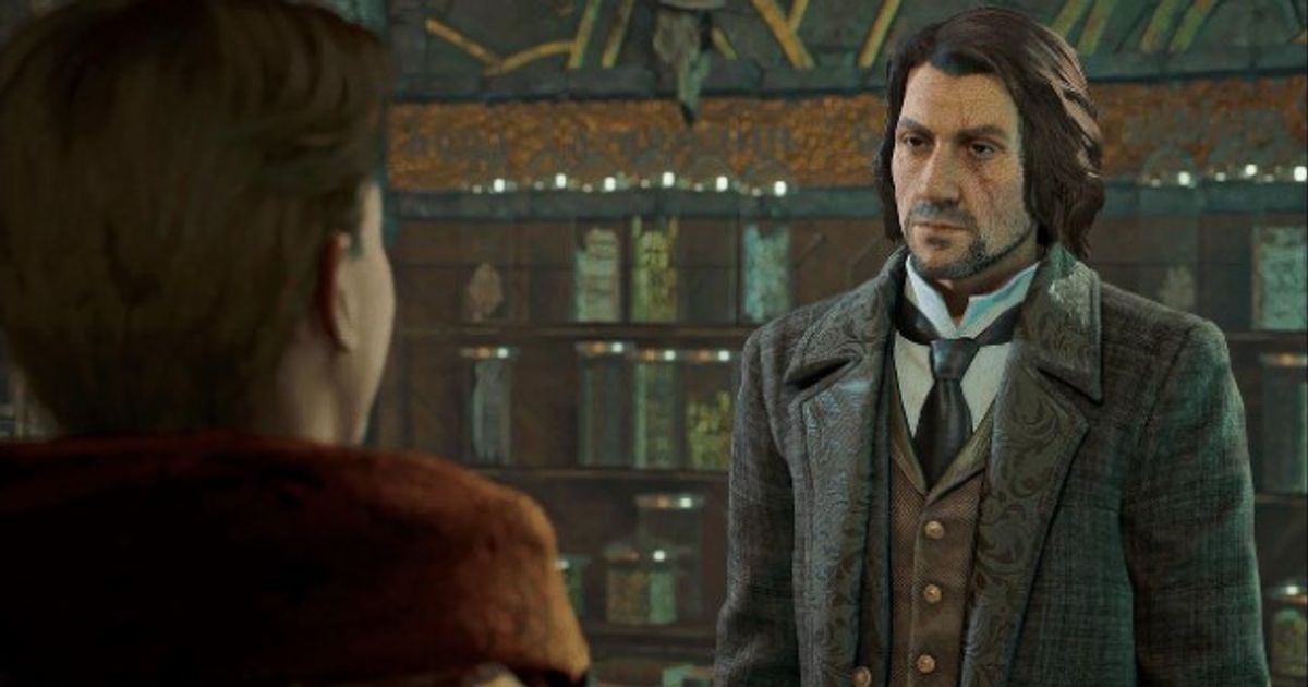 The player character speaking to Professor Sharp in Hogwarts Legacy.